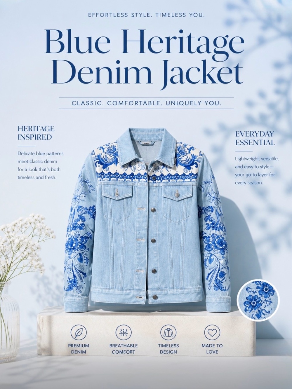 100% Cotton Light Blue Denim Jacket with Royal Blue Floral Embroidery